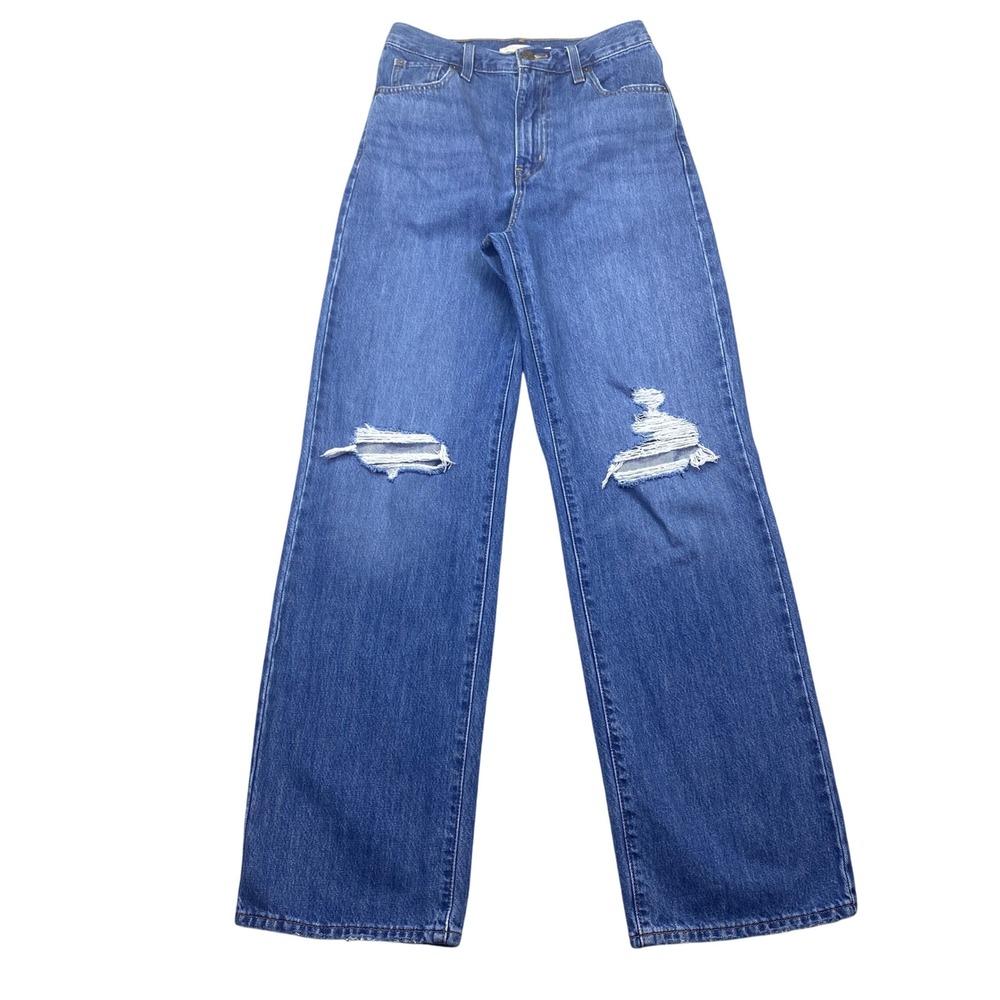 Levis High Waisted Straight Jeans Size 25 Blue Distressed Ripped Grunge Retro